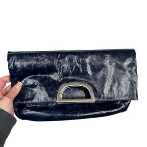Tommy Hilfiger Navy Leather Fold-Over Clutch with Silver Hardware